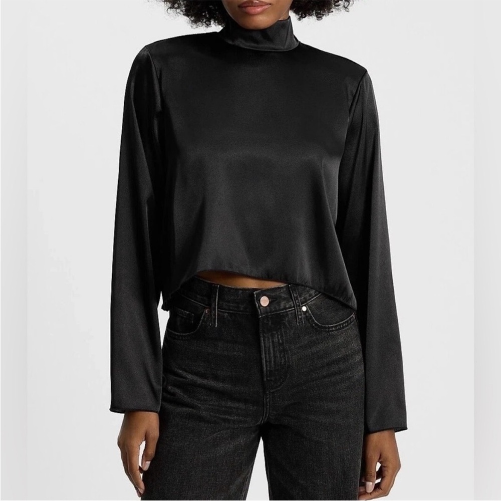 Express Black Satin Mock-Neck Long-Sleeve Top